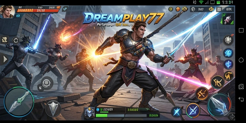 Screenshot DREAMPLAY77 dengan aksi pertarungan seru dan karakter unik.