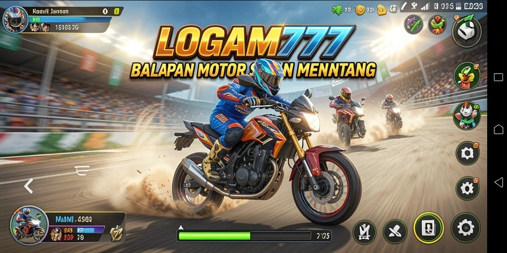 Screenshot utama LOGAM777 menunjukkan balapan motor yang intens dan seru.